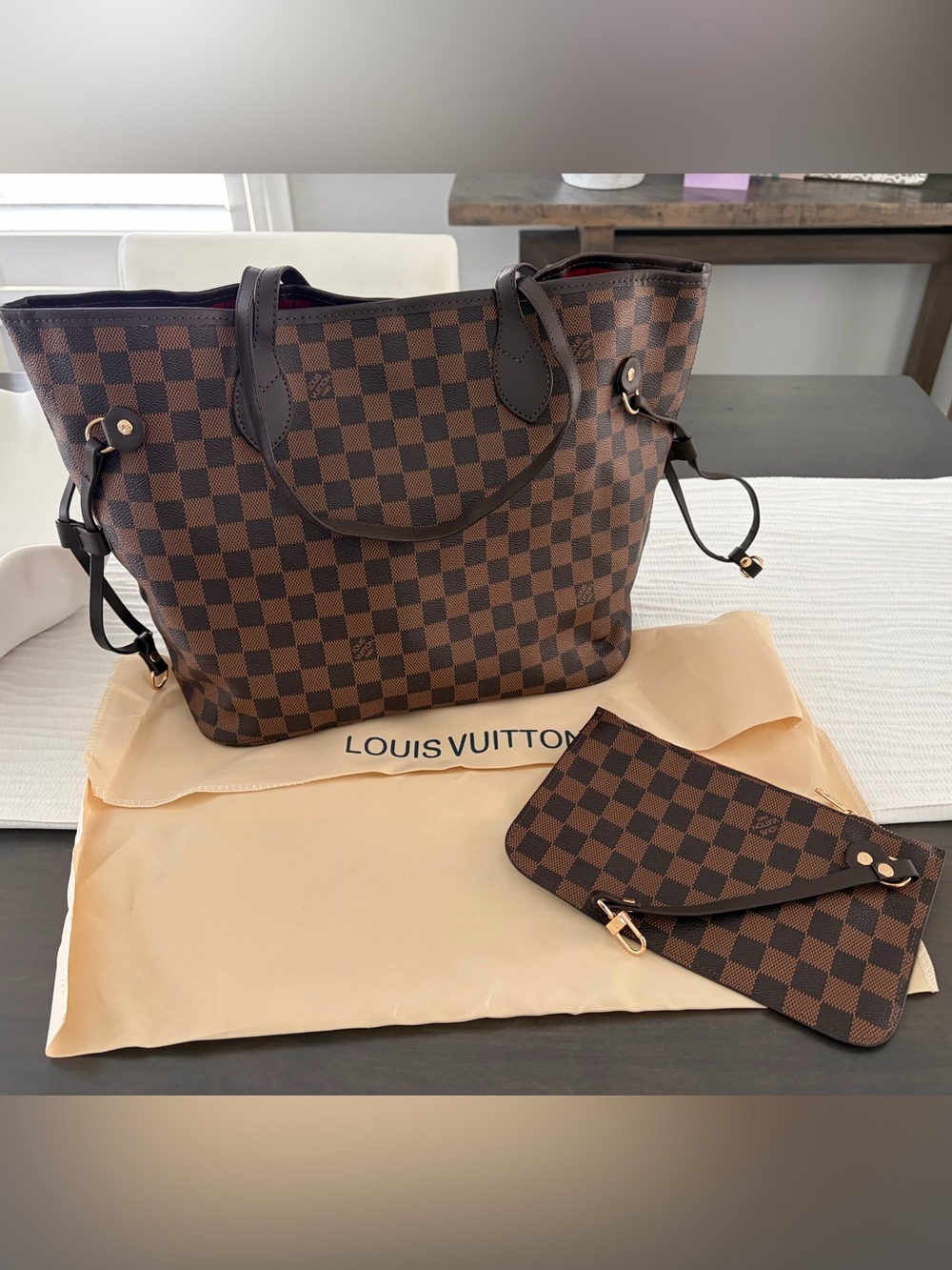 Designer inspired checkered Tote bag with Matching Wristlet and dust bag